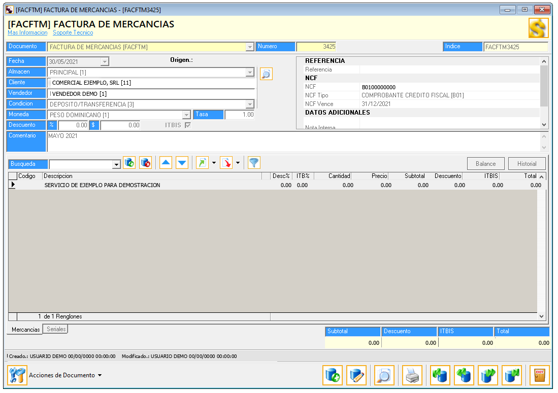 Ventana de factura de mercancías de LogicERP v3, con encabezado del documento, panel de referencia NCF, renglones de la factura y totales.