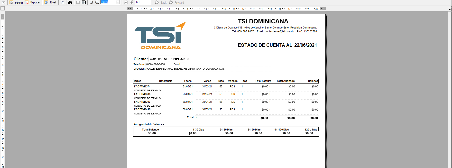 Visor de reportes de LogicERP v3 con la barra de Imprimir, Exportar y Email, mostrando el estado de cuenta por cliente con detalle de facturas y antigüedad de balances.